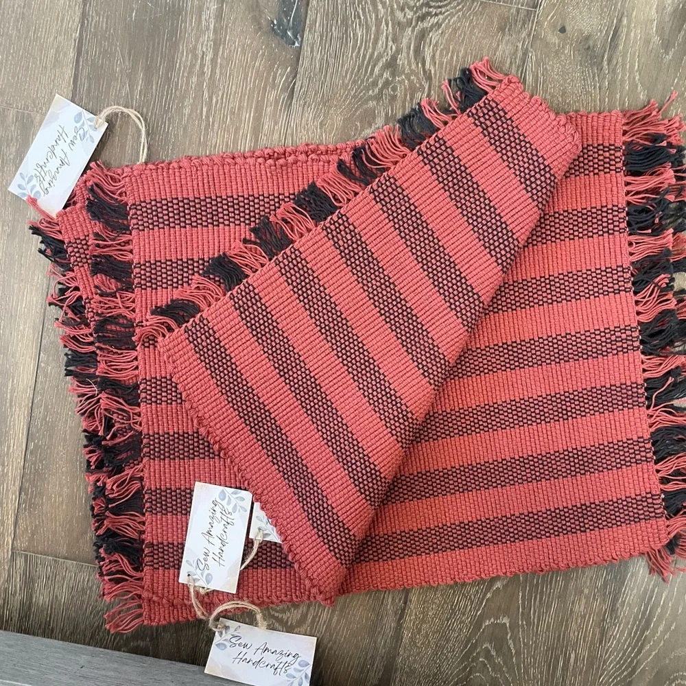 Red and Black Striped hand woven cotton placemats. Set of four
